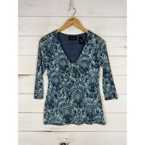 Axcess Shirt Womens Small Blue Paisley V Neck 3/4 Sleeve Tunic Top Stretch Y2K